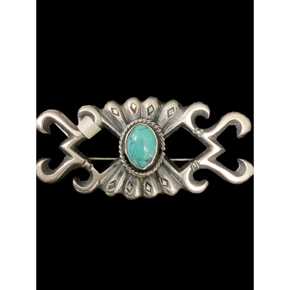 Beautiful 925 Sterling Silver Brooch Native American Style Turquoise Stone
